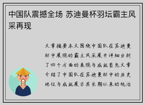中国队震撼全场 苏迪曼杯羽坛霸主风采再现