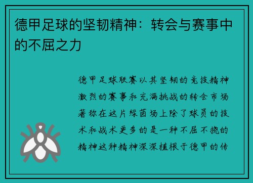德甲足球的坚韧精神：转会与赛事中的不屈之力