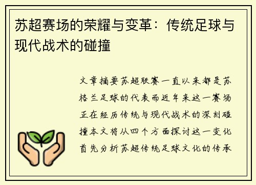 苏超赛场的荣耀与变革：传统足球与现代战术的碰撞